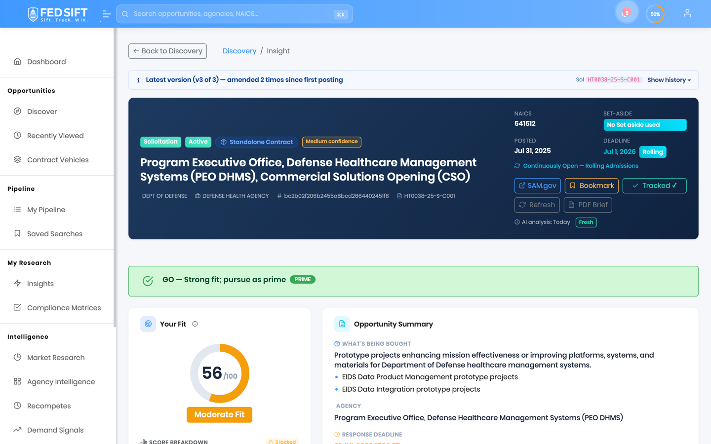 AI Insight — win themes, risks, prime-vs-sub, every claim cited