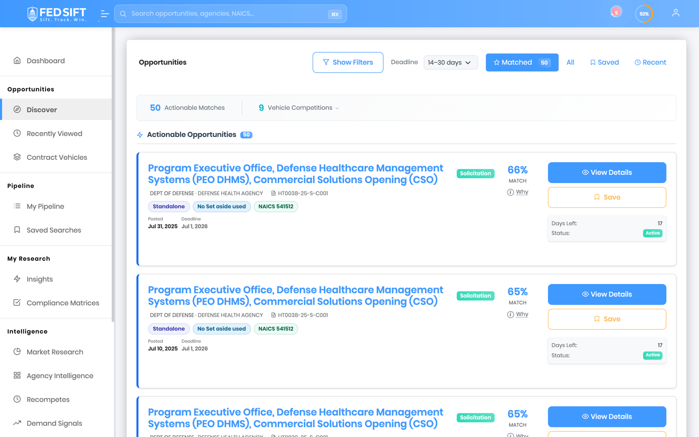Smart Matches — live SAM.gov solicitations scored against your company profile