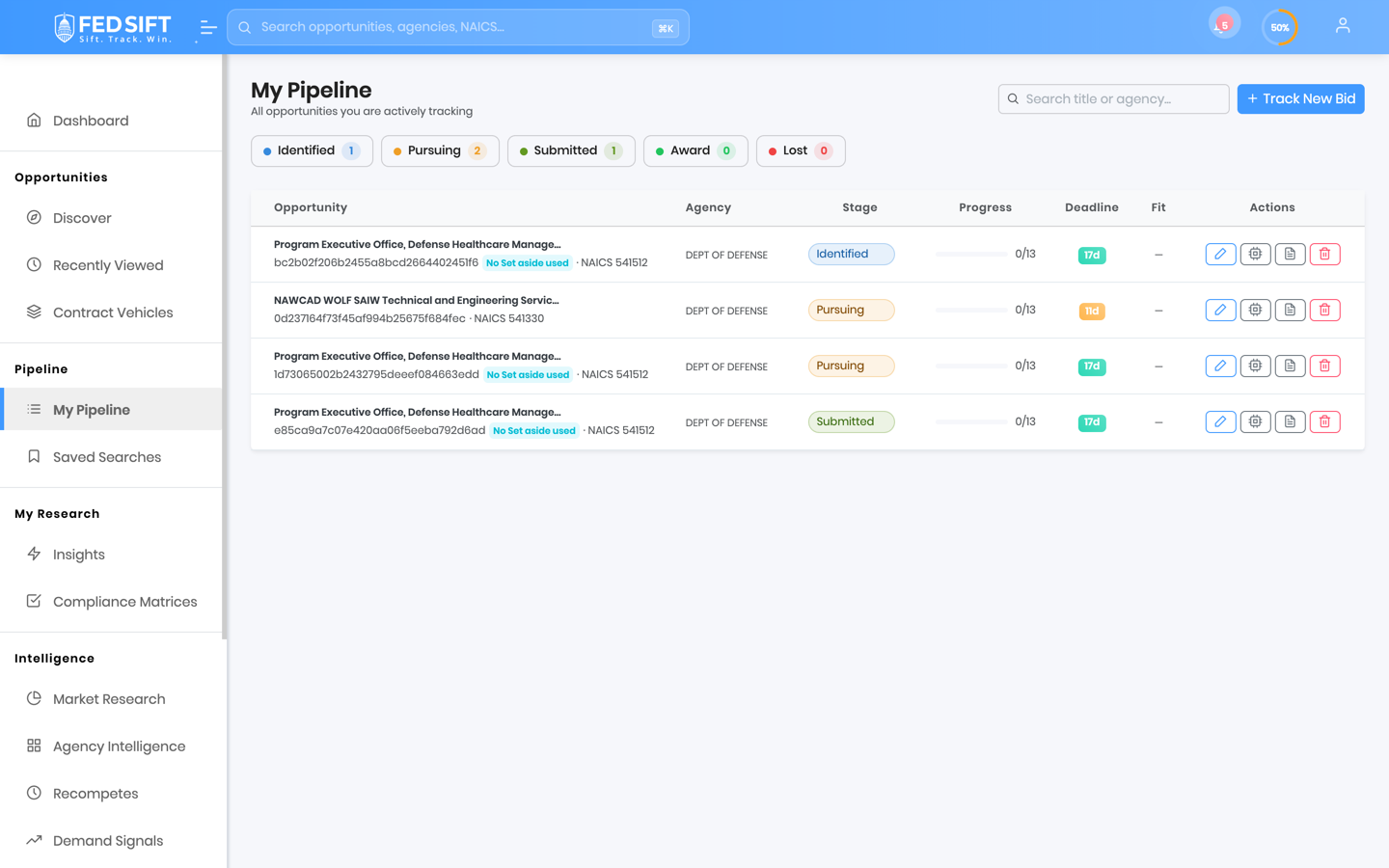 Bid Tracker — your live pipeline, hydrated from SAM